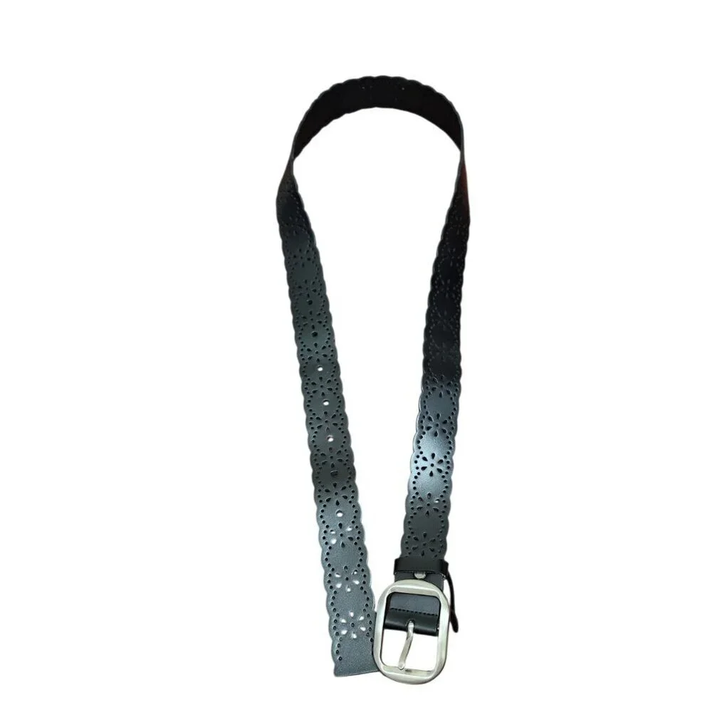 Black Leather Scalloped Cutout Belt Floral Laser Cut Silver Buckle Women Sze48in